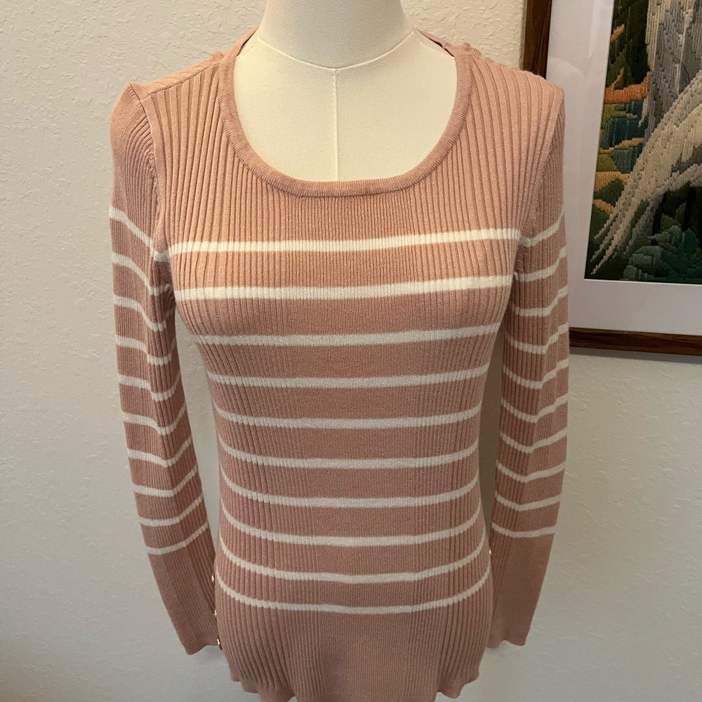 Liz Claiborne Pink and White Striped Scoop Neck Sweater